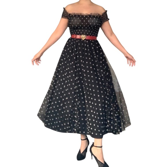 Elise - Elegant Black Polka Dot Off-Shoulder Dress - Small - Picture 10 of 14